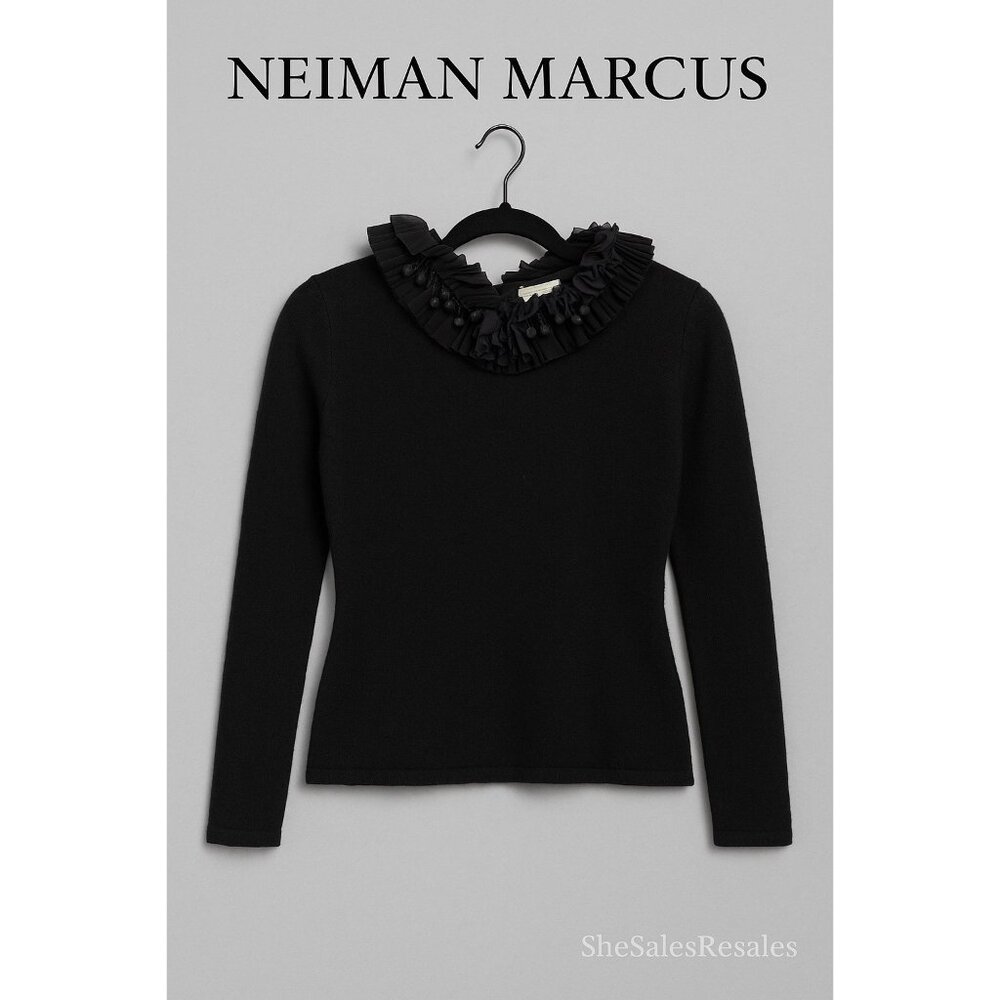 Neiman Marcus Cashmere Collection Black Beaded Ruffle Neck Sweater Women’s S